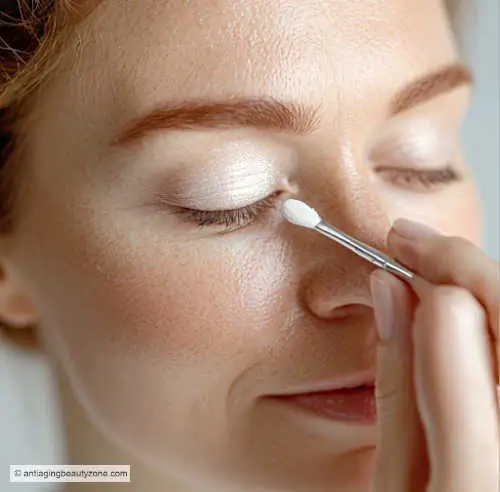 Anti-Aging Makeup Tip: hydrating concealer for mature skin – helps eyeliner last longer without smudging woman applying concealer on eyelids to prep for eyeliner