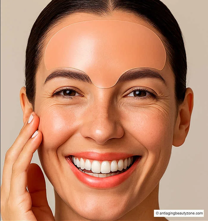 Silicone forehead patch for wrinkle reduction and smoother skin Smiling woman wearing a silicone forehead patch to smooth fine lines and prevent wrinkles