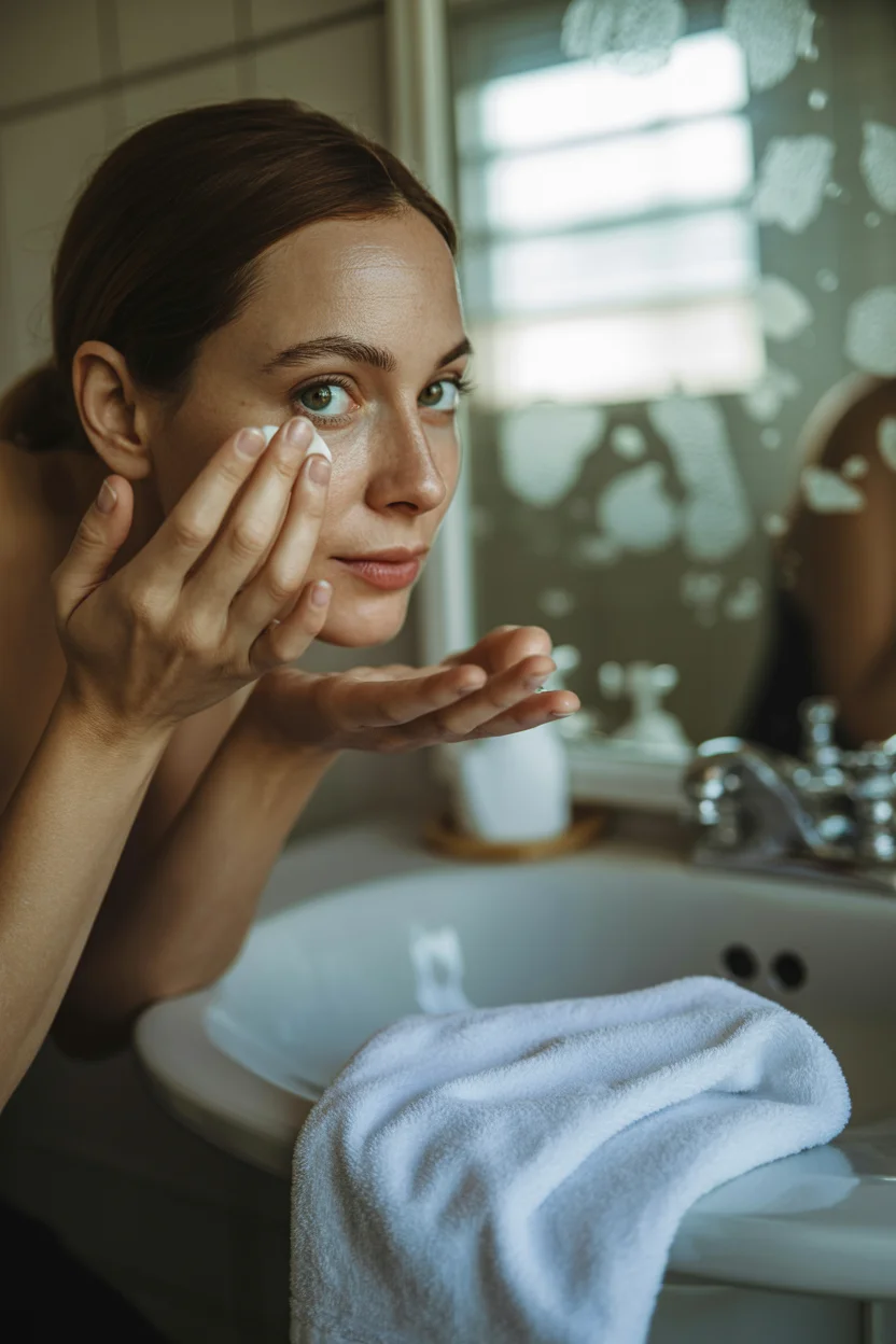 Pretty woman with skin discoloration and acne. Aging skin with acne