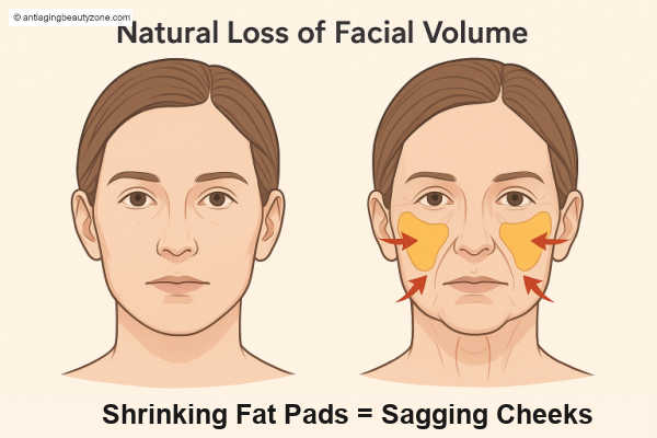 Why facial muscle toning helps when fat pads shrink. Natural loss of facial volume—shrinking fat pads contribute to sagging cheeks; stronger facial muscles can add some underlying support.