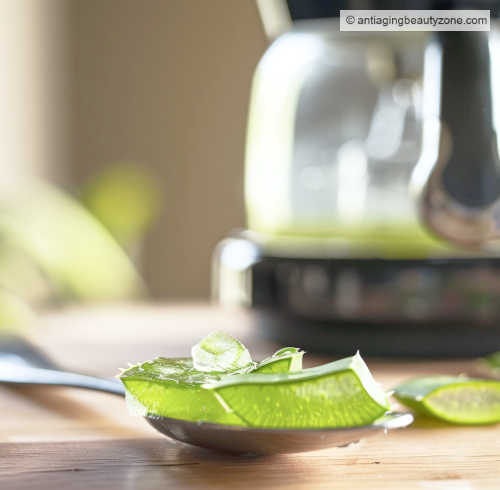 Aloe vera gel can be used for eye bags. Aloe vera gel on a spoon.