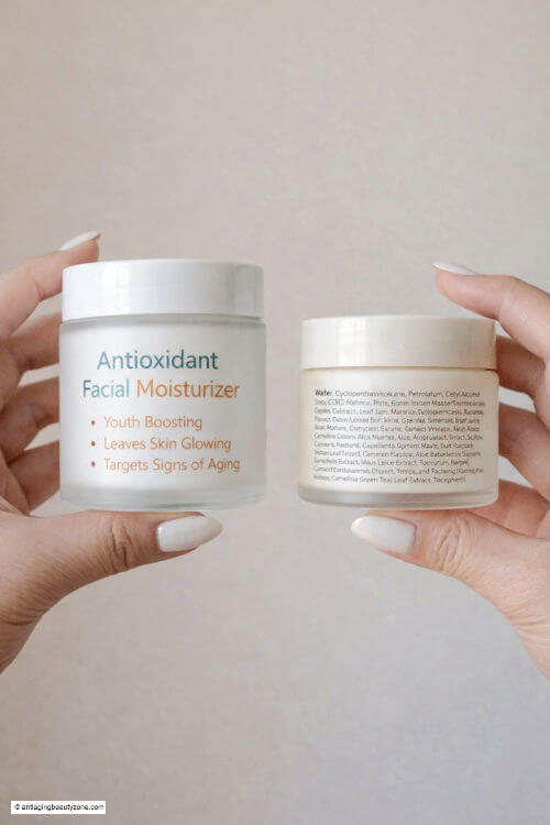 Antioxidant facial moisturizer jars held in hands, showing front and ingredient label