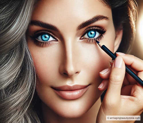 Eye Makeup Tips: Perfect Eyeliner Application for a Youthful, Less Tired Look. Woman applying eyeliner, demonstrating eye makeup tips for a youthful look.