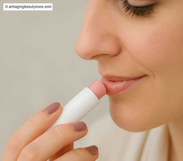 Woman gently applying antioxidant lip balm, close-up on soft, smooth lips with a natural glow