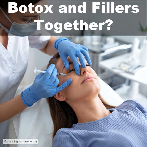 Yes, you can get Botox and filler at the same time. This Woman is receiving dermal filler injections in her cheeks and Botox for facial contouring and rejuvenation.