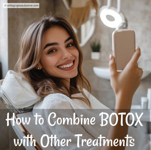 A smiling woman sitting in dermatologist’s office after Botox and anti-aging treatment combination.