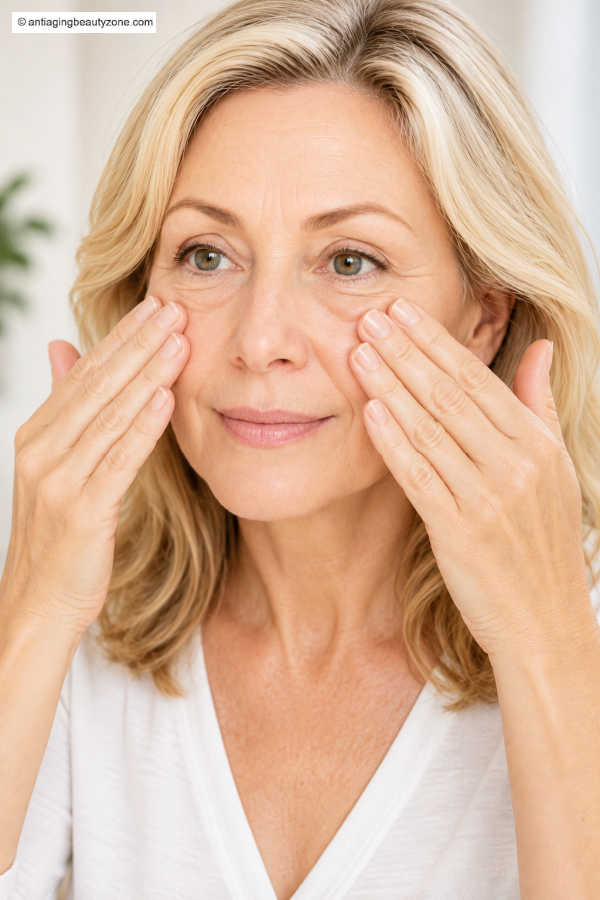 Woman gently massaging the upper cheek area below the eyes for malar baggs
