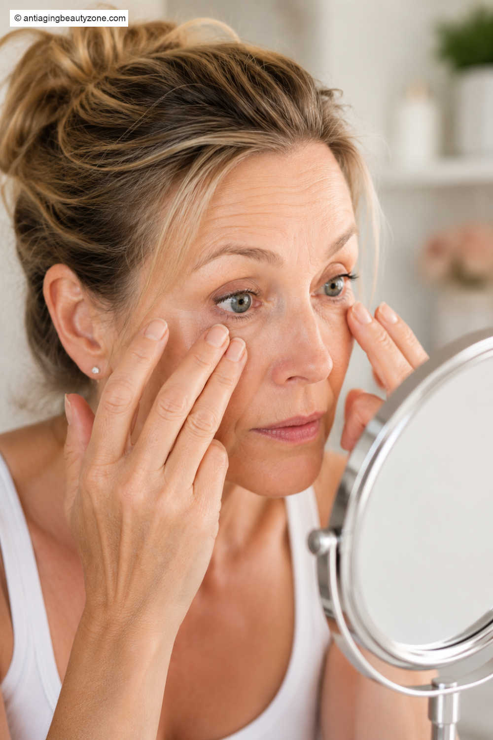 Woman gently applying an instant eye tightener under her eyes while looking in a mirror.