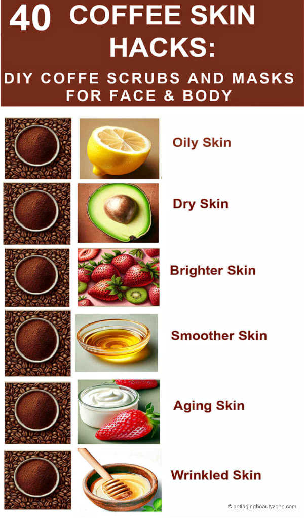 Benefits of coffee for skin. 40 face scrub and mask recipes. Coffee Skin Hacks Chart. Recipe for face and body scrub and masks.