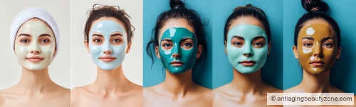 Different types of facial masks for glowing skin – clay, gel, peel-off, and more. Women wearing different types of facial masks including clay, gel, and peel-off treatments for glowing skin.