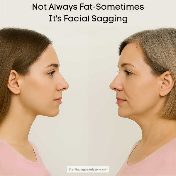Side-by-side photo of a younger and older woman showing how facial sagging, not fat, can make the jawline look fuller under the chin