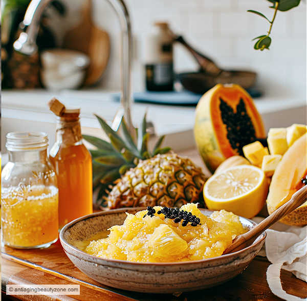 Pineapple enzyme mask with honey and papaya seeds. Mashed up pineapple with honey for pineapple enzyme face mask peel.