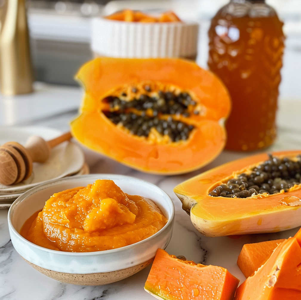 Papaya sorbet is a multitasking face cleanser and makeup remover! Learn how to make a papaya enzyme cleansing balm recipe for a natural glow. Mashed papaya sorbet is used for facial cleansing.