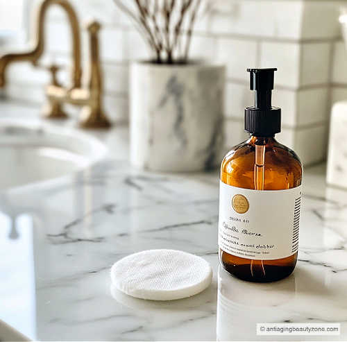 Bottle of glycolic acid exfoliant and a scrubbing sponge.