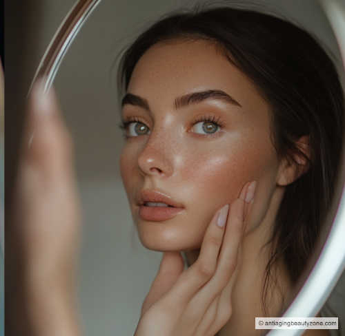 Woman looking at her skin in the mirror. After 40, we get enlarged pores and dry skin.