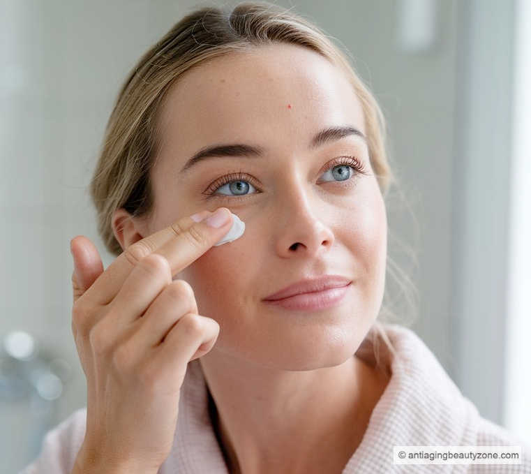 A woman applying a hydrating eye cream to her dry under eye skin.