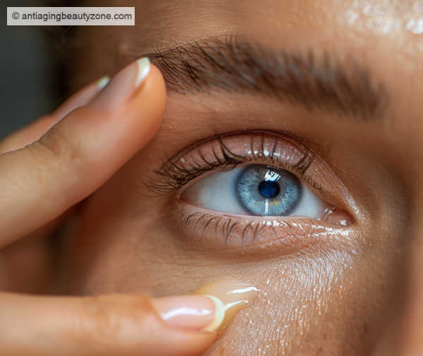 A woman massaging under-eye serum into her skin.