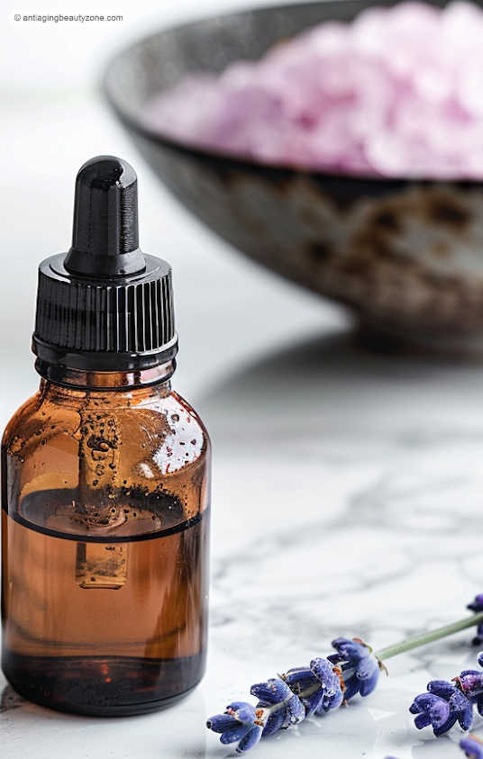 DIY Eyelash Homemade Serum for Natural Lash Growth. Glass bottle of natural eyelash homemade serum with nourishing oils for lash growth.
