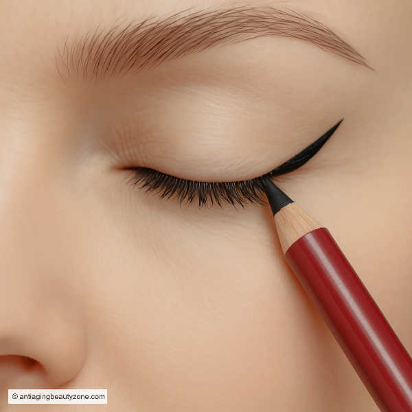 Close-up of a tiny eyeliner flick technique that lifts mature, hooded eyes
