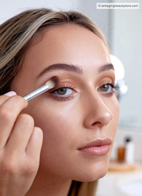 Eyeshadow contouring helps reduce the hooded eye look on aging eyes. A woman applying eyeshadow in the upper eyelid crease.