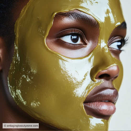 Green facial clay mask. A woman wearing a green clay mask, shows there are many different types of face masks.