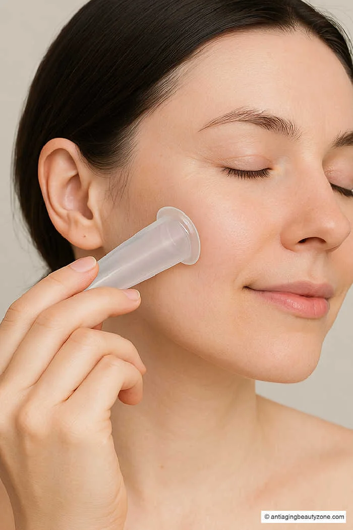 Facial cupping massage with silicone cup for face and eye benefits Woman using a silicone facial cupping cup on her cheek for massage therapy