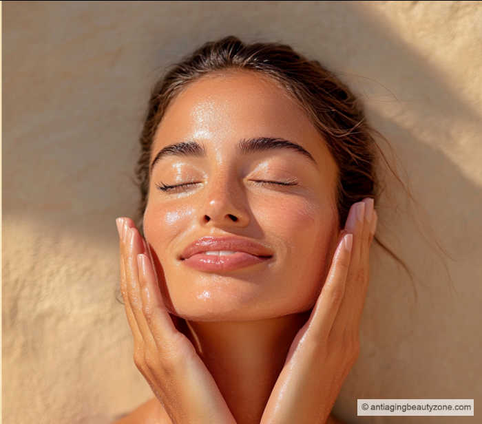 A woman smiling as she enjoys her glowing skin after applying anti-aging self-tanner to her face.
