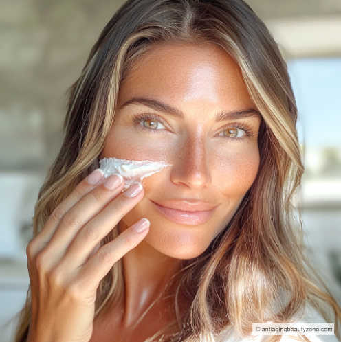 woman applying a self-facial tanner to her sun-kissed face.