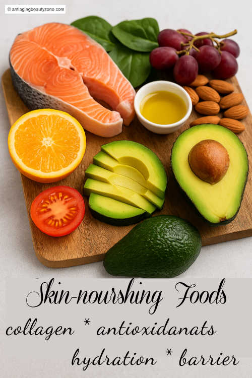 Nutrient-rich foods that support collagen, hydration, and a healthy skin barrier—colorful board of real ingredients for glowing skin. Overhead image of a wooden board filled with colorful skin-friendly foods like avocado, leafy greens, tomatoes, peppers, lemon, and salmon. Cursive text overlays label key skin benefits: collagen, antioxidants, hydration, and skin barrier support.