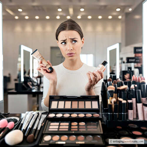 A woman over 40 with a doubtful expression standing at a makeup counter. She is holding a tube of foundation and a bottle of tinted moisturizer. Trying to decide: Foundation vs Tinted Moisturizer.