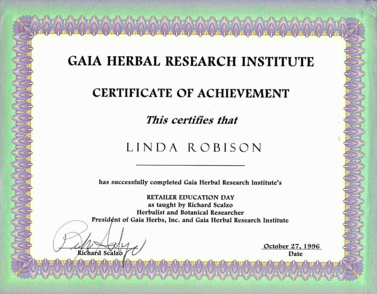 Gaia Herbs Certificate of Course Completion.
