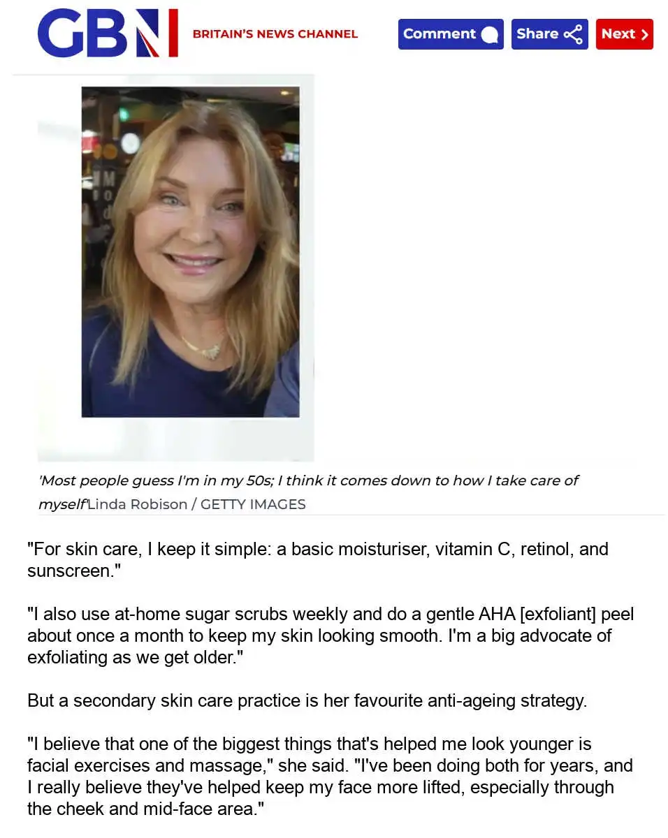 Linda Robison in GB News feature on aging well over 60 Linda Robison featured in GB News article about women over 60 who look younger than their age