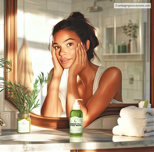 Achieve glowing skin with green tea facial cleanser at home. Woman with glowing skin using green tea cleanser at bathroom counter, part of a skincare routine.
