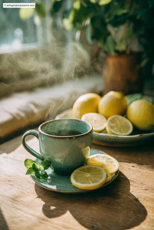 Soothe your skin from the inside out with antioxidant-rich green tea. Cup of green tea with lemon on a countertop—known for its antioxidant-rich polyphenols that support healthy, glowing skin.