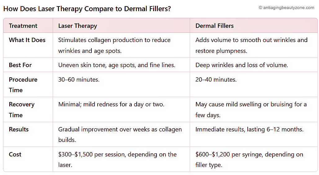 Comparison of laser therapy and dermal fillers for treating hand wrinkles, highlighting results, cost, and recovery time.