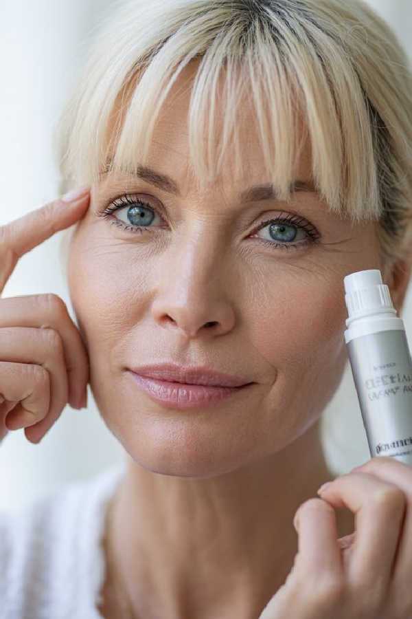Woman applying under-eye tightening serum while holding an eye product, showing smooth under-eye skin in natural light