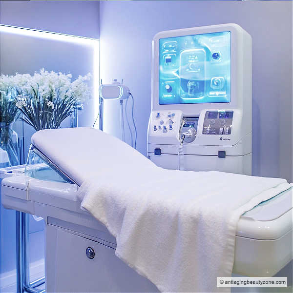 Advanced Skin Treatments: Comparing HydraFacial and Microdermabrasion Option. A Serene spa chair with HydraFacial or microdermabrasion machine in the background.