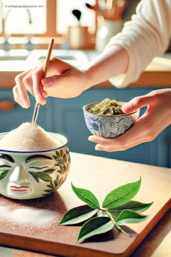 A woman mixing Korean face scrub ingredients at home.