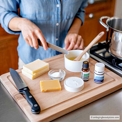Woman preparing ingredients by cutting wax and blending oils for a DIY lip balm recipe.