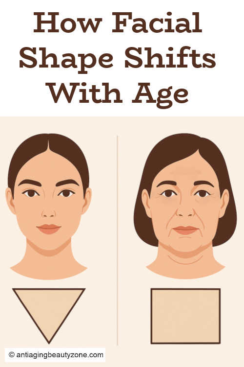 How the face shifts from youthful triangle to aging rectangle shape. Side-by-side drawing of a youthful face with a pointed chin and an older face with sagging jowls and a wider lower face.
