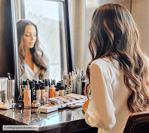 A woman sitting at a vanity mirror surrounded by makeup items, exploring creative makeup ideas.