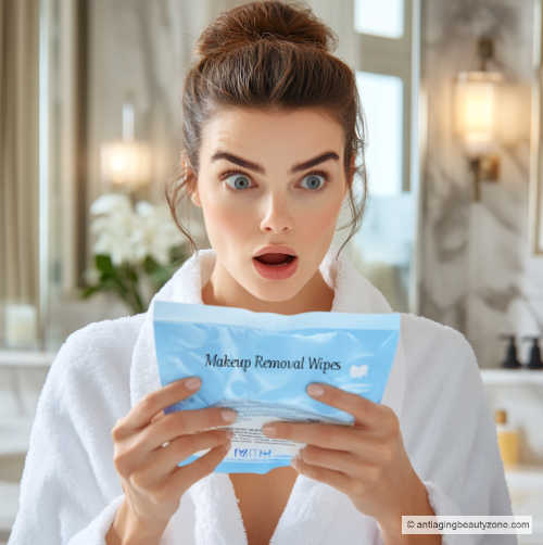 A surprised woman looking at a package of makeup wipes, realizing the harmful chemicals and that makeup wipes are bad.