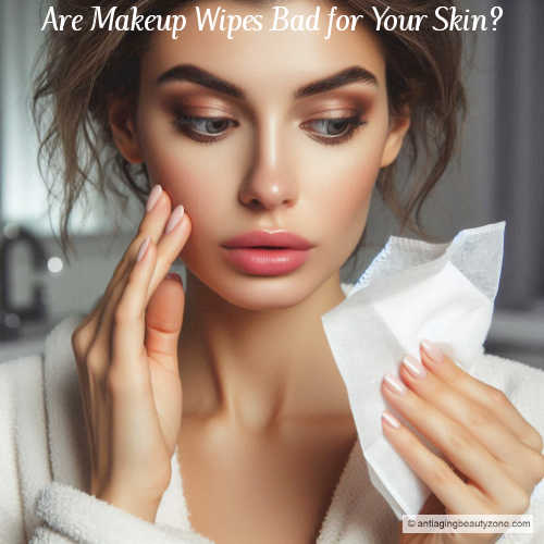 Woman staring at her makeup, illustrating why makeup wipes are bad.