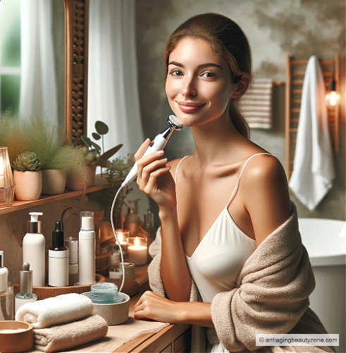 Microdermabrasion at home is an effective and inexpensive anti-aging treatment. A woman is giving herself a microdermabrasion treatment at home.