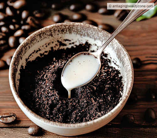 Milk contains lactic acid which can help reduce the look of under eye wrinkles. A tablespoon of milk over a bowl of coffee grounds.