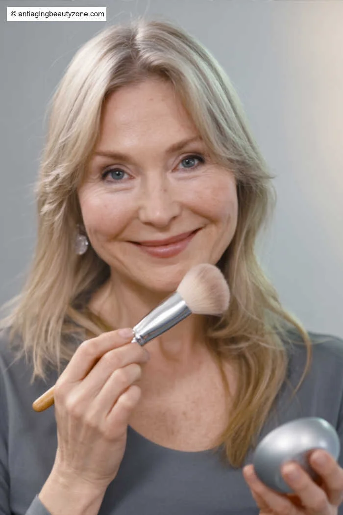 Clean and natural mineral makeup for sensitive and aging skin Smiling middle-aged woman applying clean mineral makeup with a brush, natural glow for sensitive or aging skin.