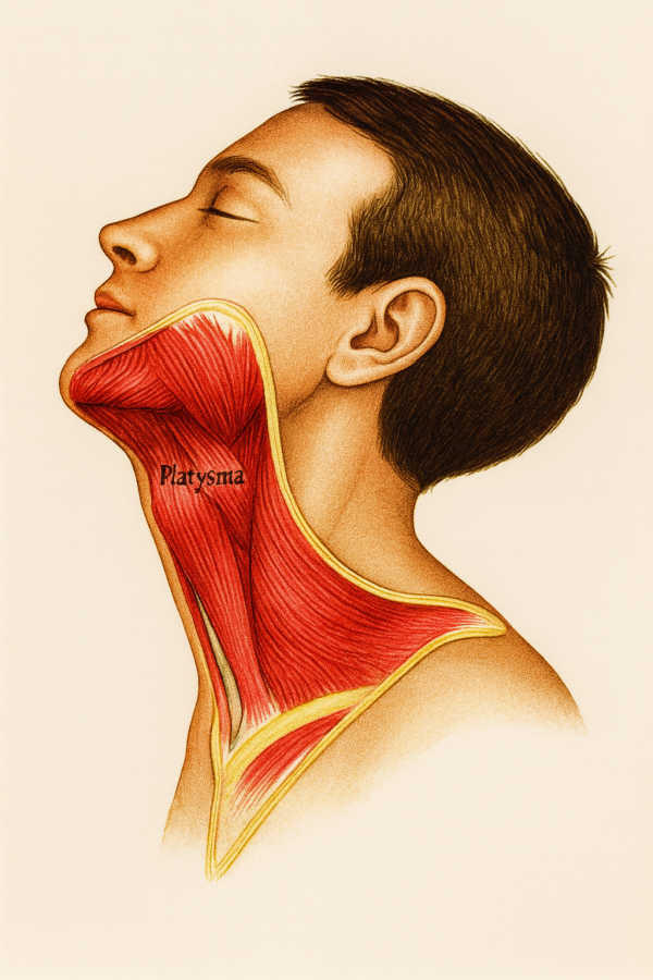 The platysma muscle gets shorter, stiffer, and weaker as we age. Causing the neck skin to sag. Platysma muscle in the neck.