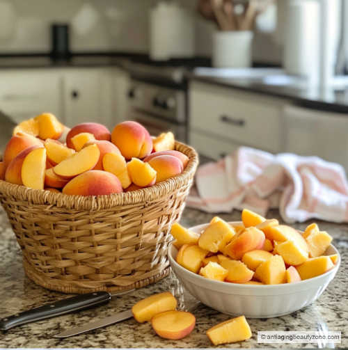 Basket of peaches to be used for a face mask later.