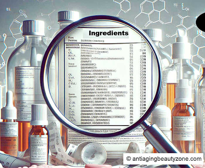 A magnifying glass looking over the ingredients of a bottle.