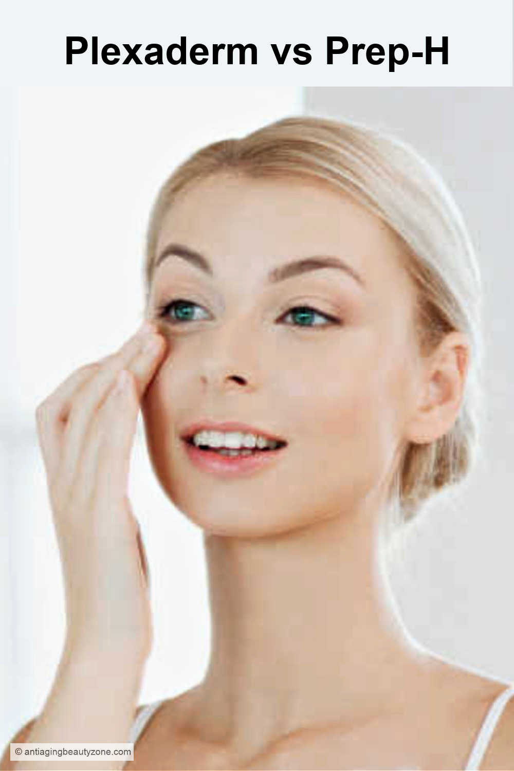 Woman touching under-eye area — Plexaderm vs Preparation-H comparison.